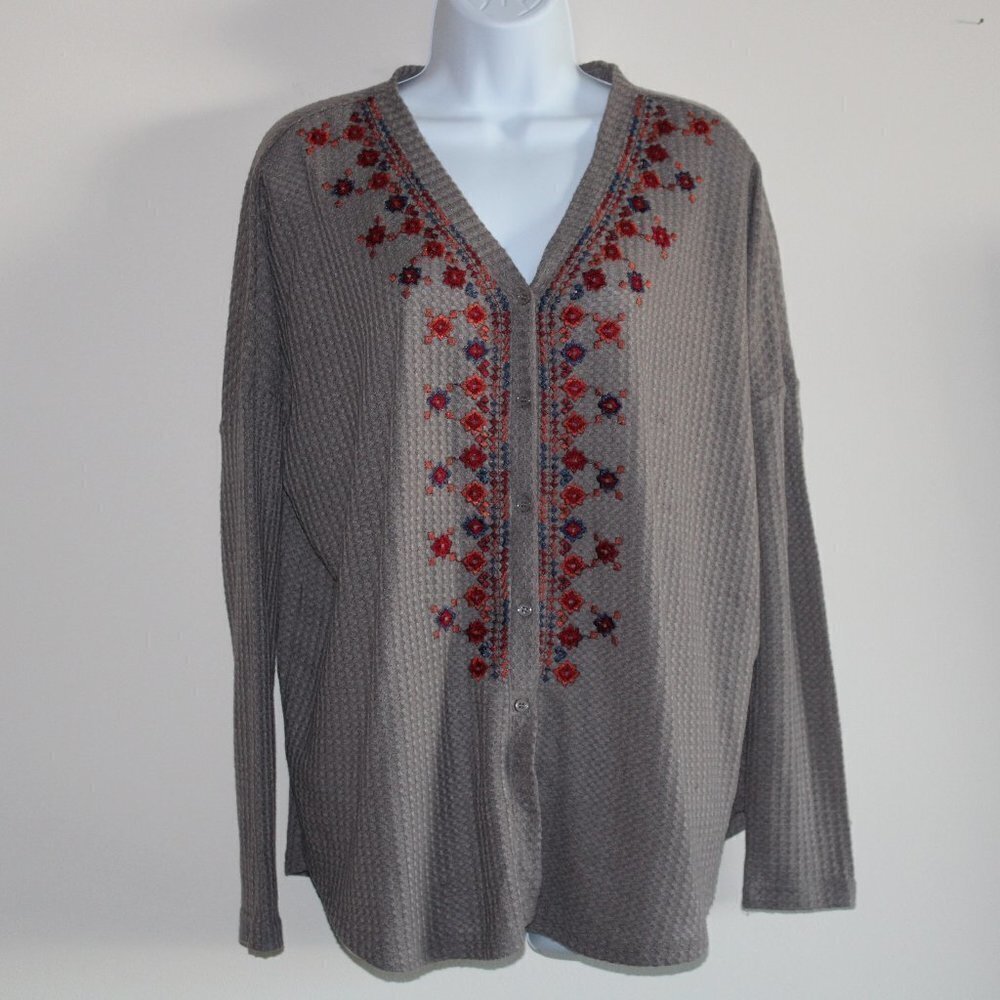 Entro Waffle Knit Button Down Embroidered Top